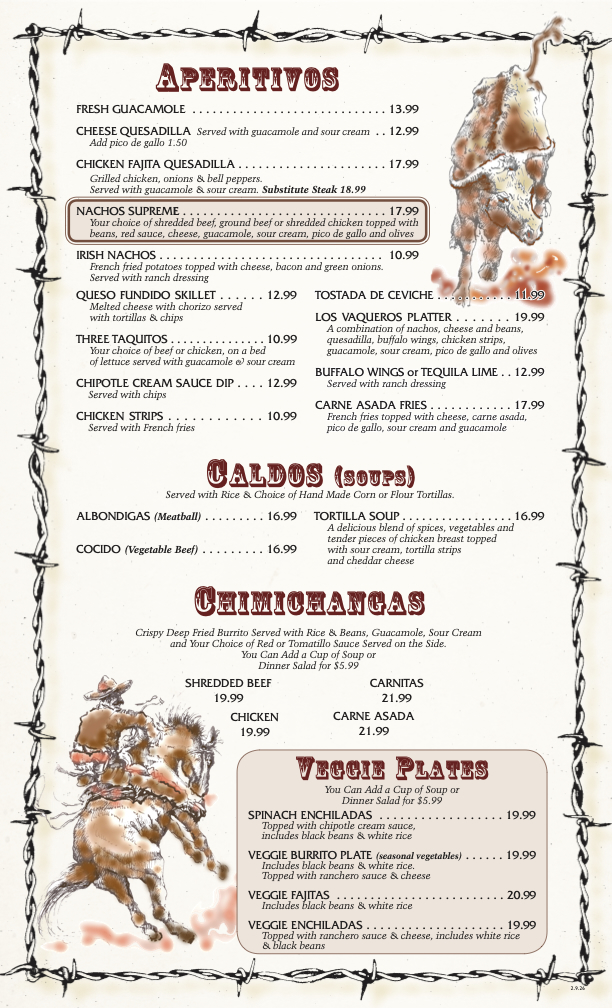 Barbed border menu with appetizers, soups, chimichangas, veggie plates. Features illustrations of a horse and cowboy, creating a rustic, Western feel.