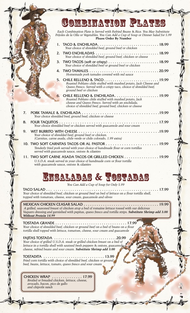 Alt text: "Menu featuring combination plates, salads, and tostadas with prices, surrounded by barbed wire design. Cowboy illustration adds a rustic feel."