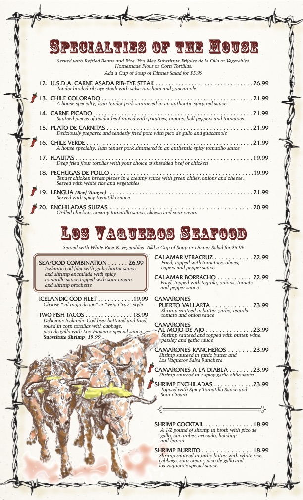 Alt text: Vintage-style menu with "Specialties of the House" and "Los Vaqueros Seafood" sections. Decorative barbed wire border and horse illustration.