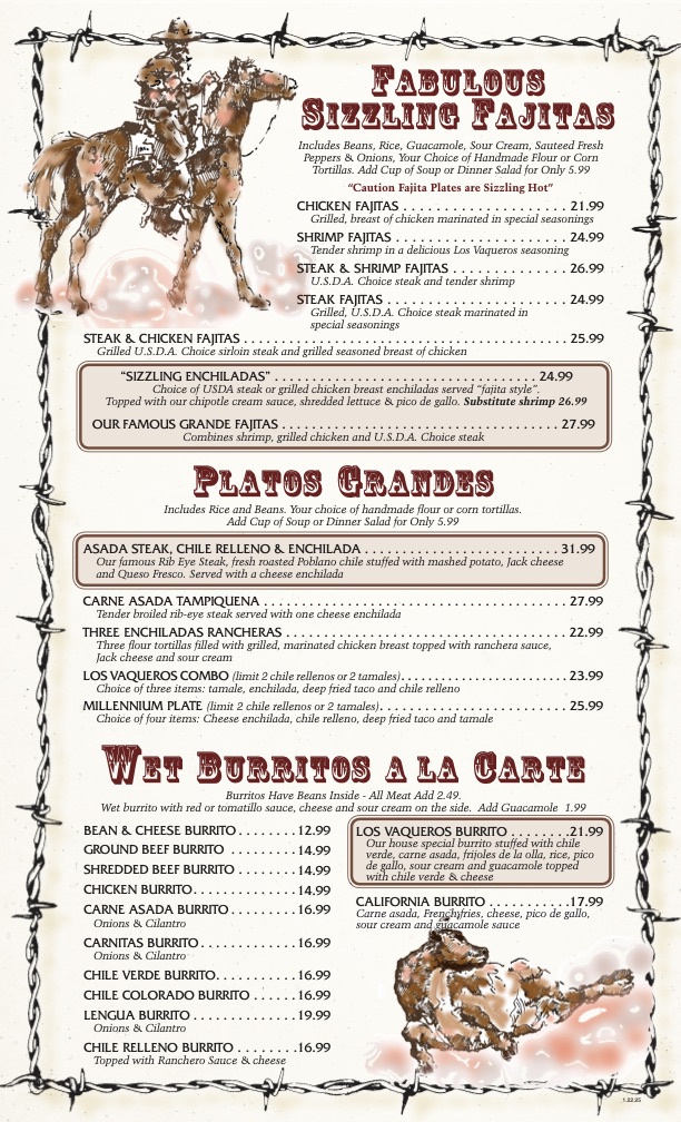 Alt text: A colorful restaurant menu titled "Fabulous Sizzling Fajitas" with sections for fajitas, grandes plates, and burritos. Decorated with illustrations of cowboys.