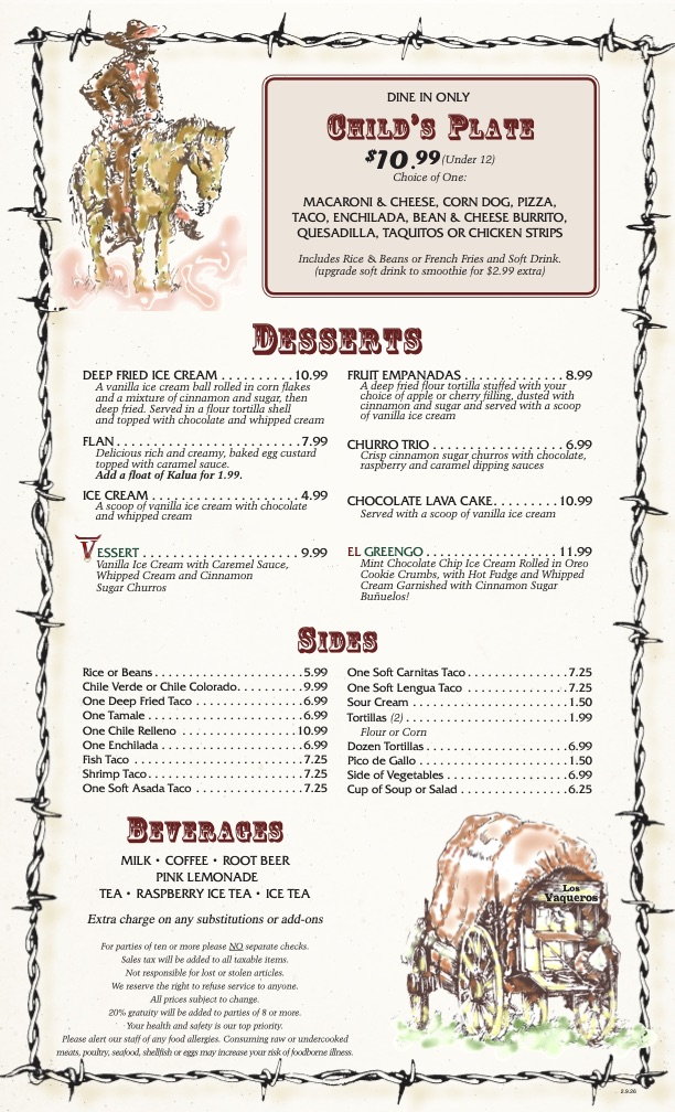 A textured menu features a cowboy on horseback and a covered wagon. It lists various dishes under categories: Child's Plate, Desserts, Sides, and Beverages.