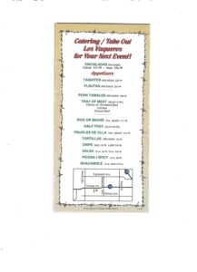 Alt text: "Menu for Los Vaqueros catering, listing items and prices such as enchiladas, taquitos, tamales, and more. Includes a simple location map."